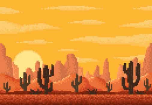Pixel desert landscape, 8 bit pixel game level background with mountain and cactus, vector scene. 8bit pixel art game or video arcade cartoon level of arizona or texas desert with canyon rocks. Pixel art