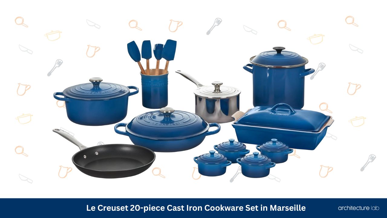 Le creuset 20 piece cast iron cookware set in marseille blue