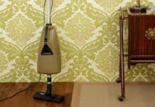 Retro vacuum cleaner vintage sixties room green wallpaper