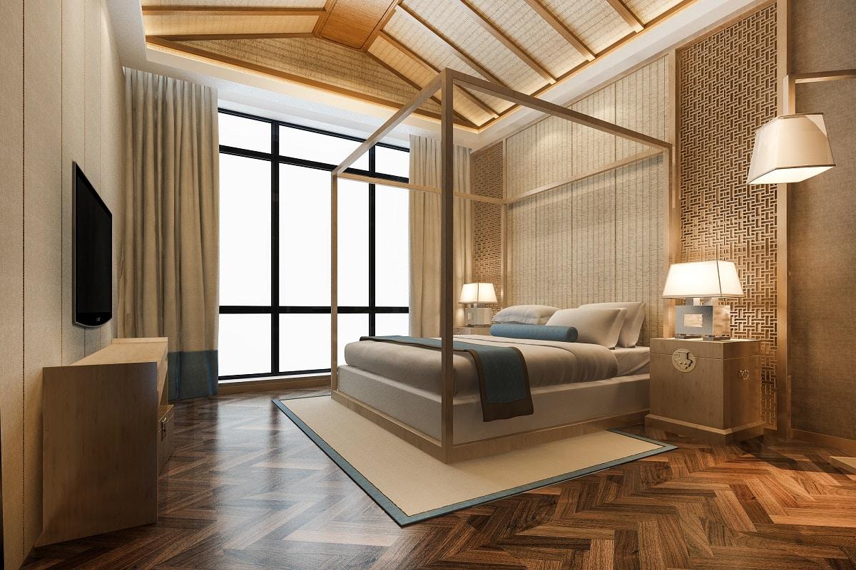 3d rendering luxury tropical bedroom suite in resort hotel and resort