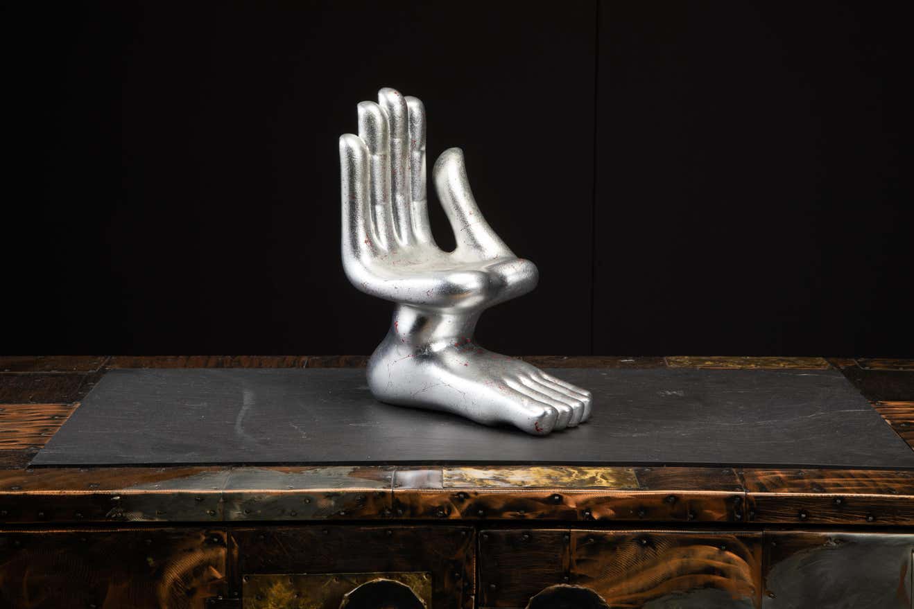 Large silver leaf hand foot sculpture