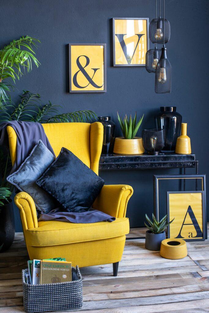 Use navy blue with yellow to complement the interiors 