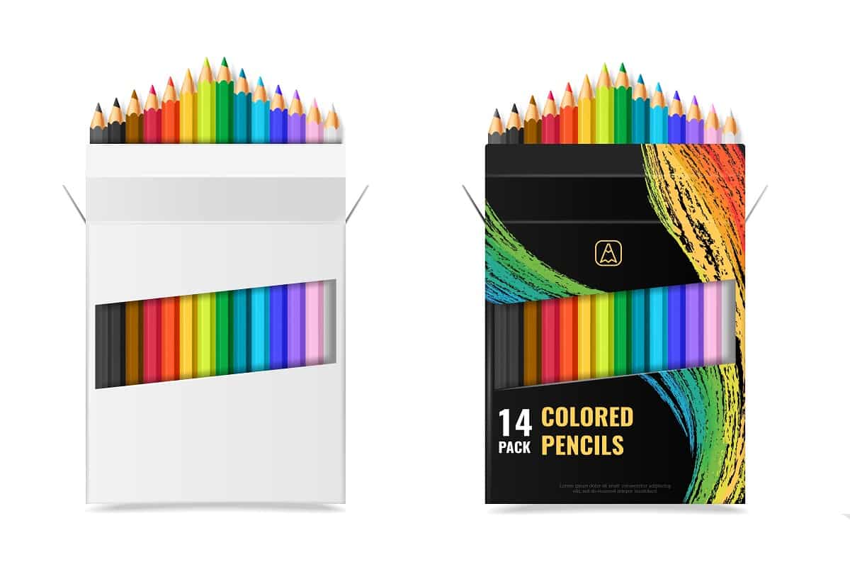 Realistic multi colored pencils in open blank and black with pattern boxes isolated vector illustration