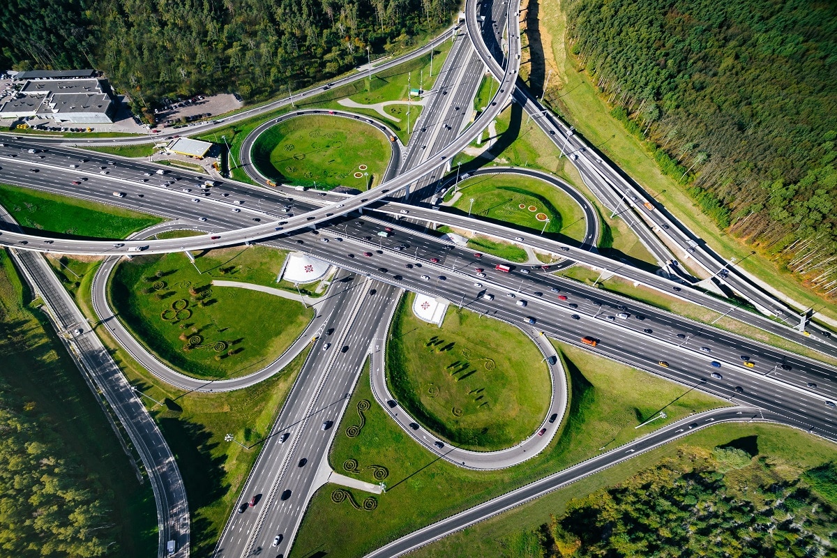 Aerial view above of a massive highway road intersection in moscow city, russia. Drone photography