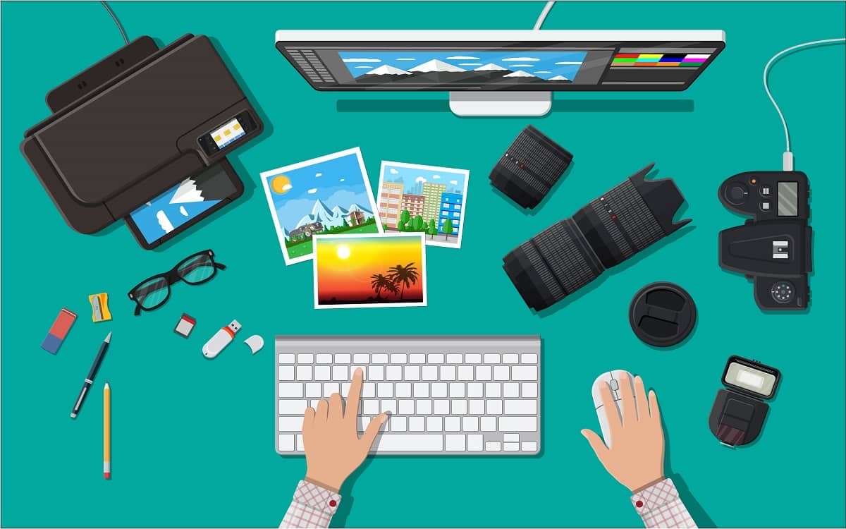 Workspace of photographer. Desktop pc, printer. Modern photo camera, flash, lens and memory card. Professional device for photography. Digital photos and printing. Vector illustration in flat style. 4x6 printers buying guide.