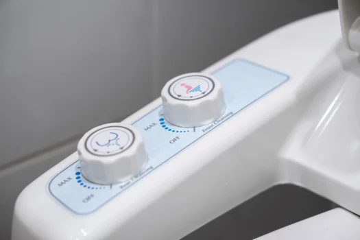 Toilet flush bowl with electronic water injection and automatic flushing system in hotel bathroom, modern restroom technology in japan. Bidet attachment vs seat conclusion.