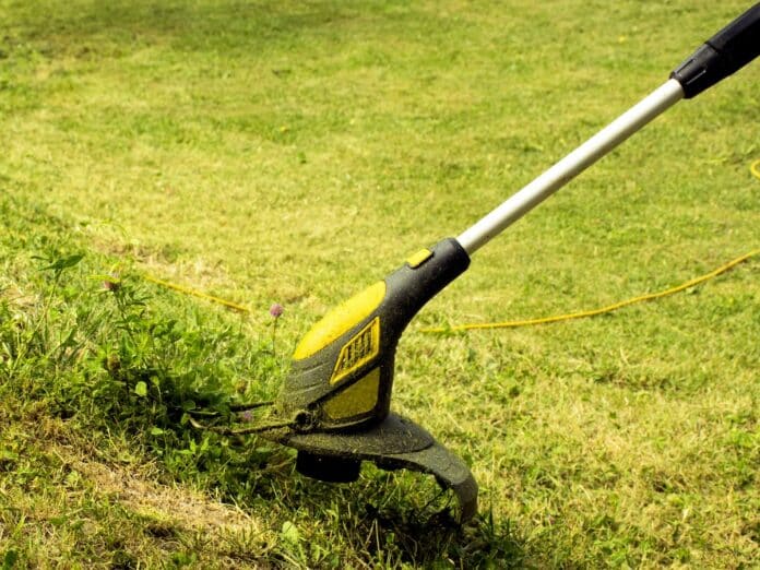 Trimmer for cutting the lawn. Grass shearing equipment. Garden technology. Cub cadet 4 cycle vs Ryobi 4 cycle weed eater.