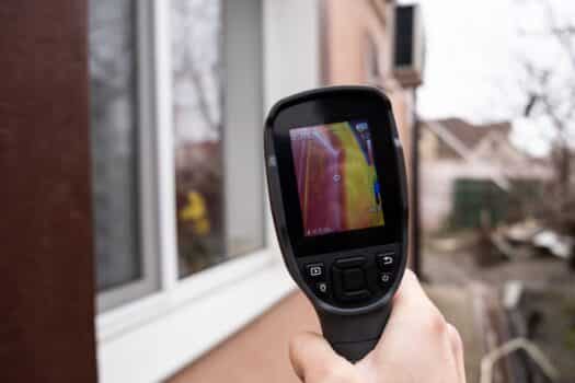 A male hand holds a thermal imager at the window of a house. Search for heat loss in private houses. Flir thermal imaging camera buying guide.