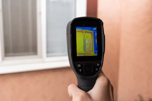 A male hand holds a thermal imager at the window of a house. Search for heat loss in private houses. Flir thermal imaging camera verdict.