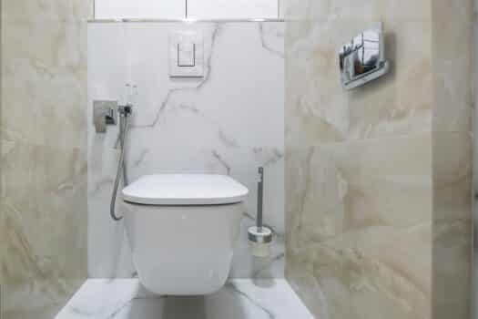 Bidet v moderní toaletě s nástěnným sprchovým nástavcem.  Pokud si pořídíte bidet z tushy nebo bio bidetu.
