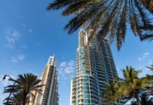 Sunny Isles Beach, Miami Florida, USA - March 24, 2021: chateau beach residence building, low angle. Una Residences Brickell.