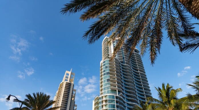 Sunny Isles Beach, Miami Florida, USA - March 24, 2021: chateau beach residence building, low angle. Una Residences Brickell.