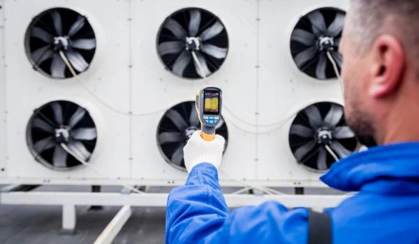 Technician uses a thermal imaging infrared thermometer to check the condensing unit heat exchanger. How to read a thermal imaging camera verdict.