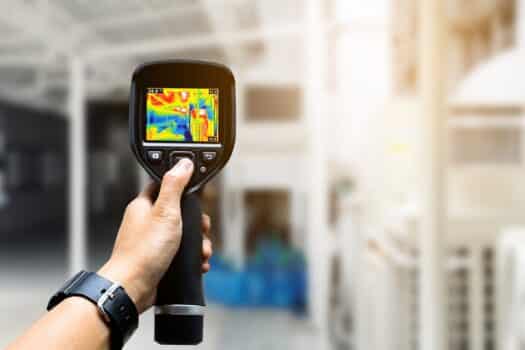 Technician use thermal imaging camera to check temperature in factory. Thermal imaging principles for avoiding detection.
