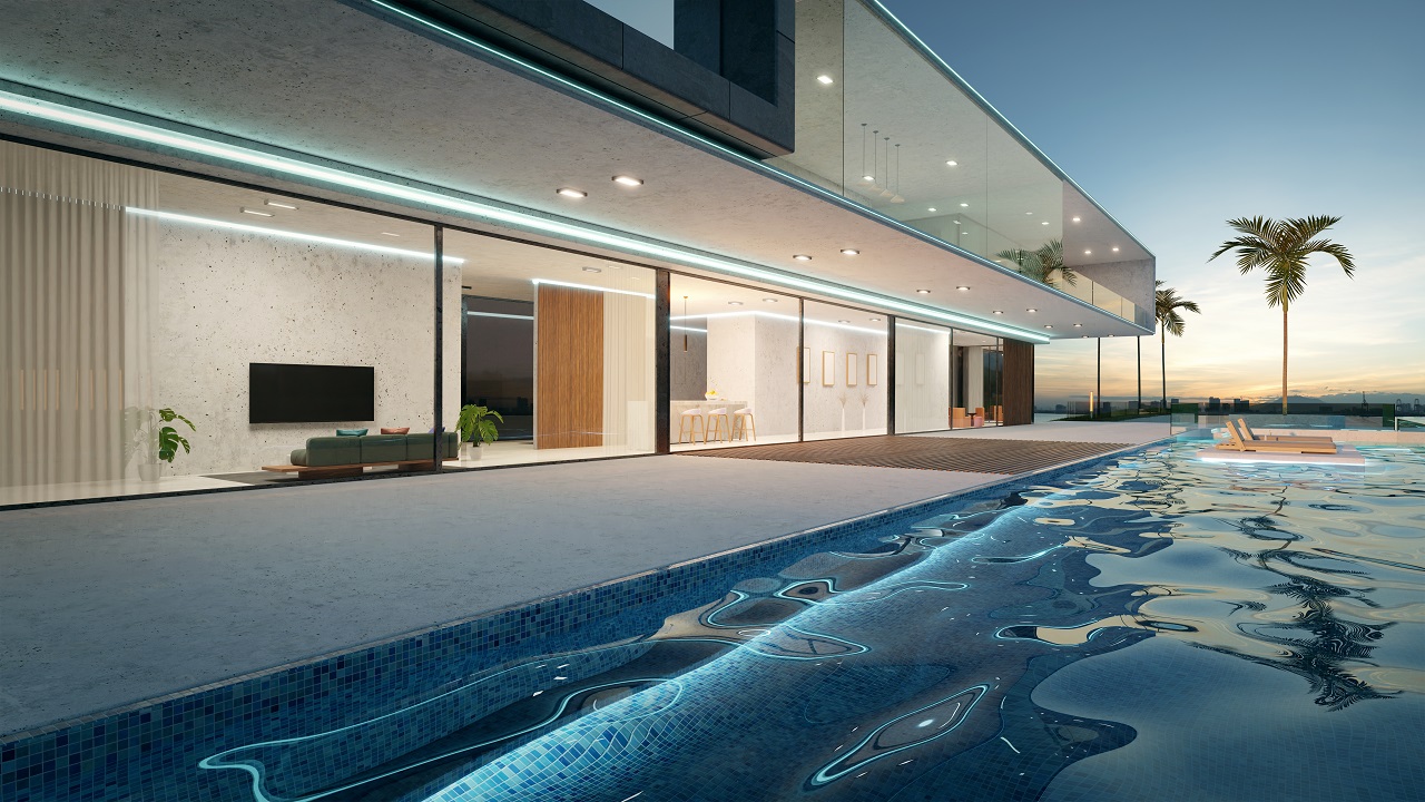 Luxury villa exterior design with beautiful swimming pool. Night scene. Architectural swimming pools.