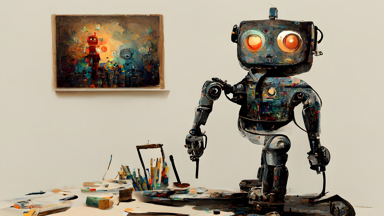 Cute and friendly robot artist in the studio next to his easel, painting and paints while working - neural network generated art, picture produced with ai in 2022