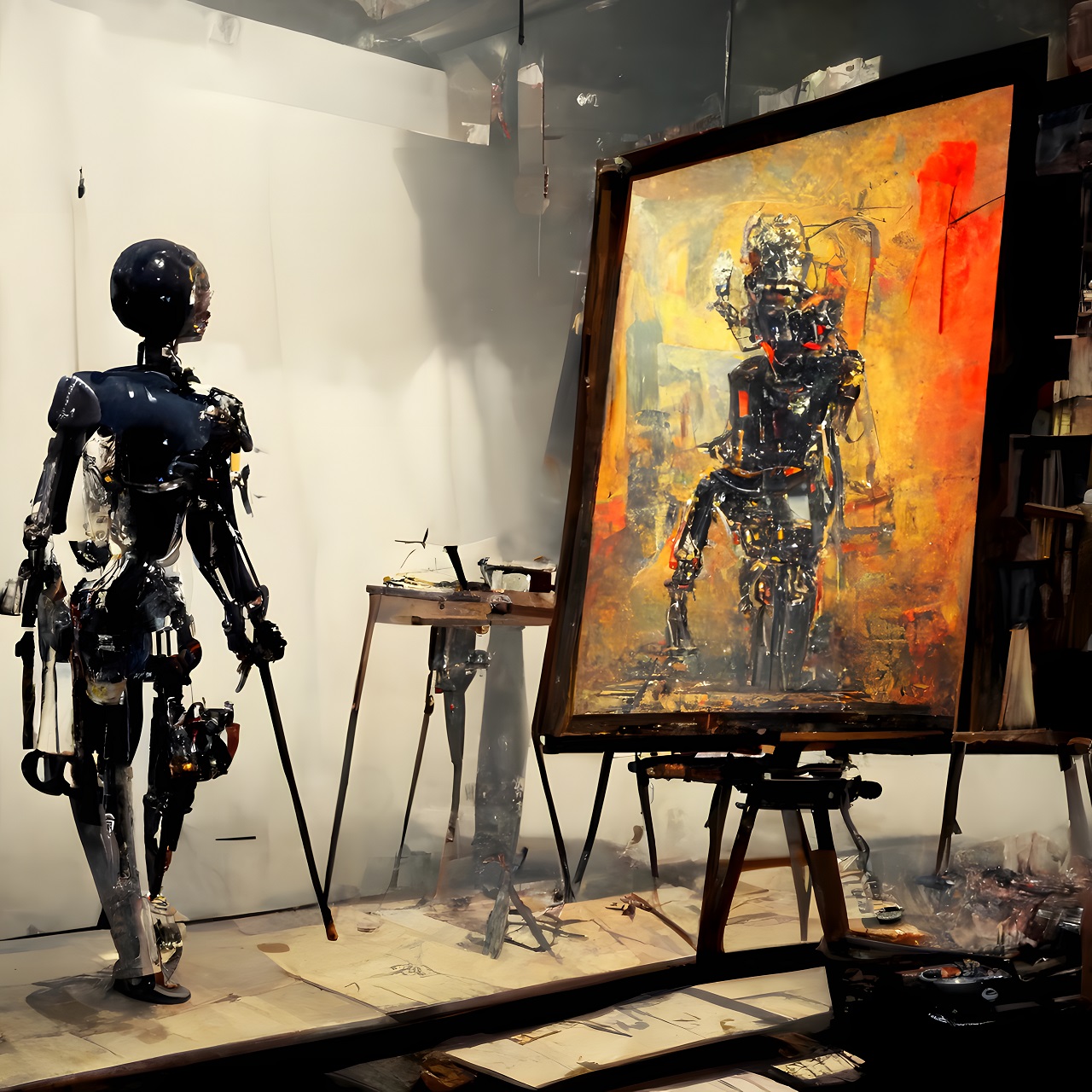 Anthropomorphic robot artist in the studio next to the easel, painting and paints while working - neural network generated art, picture ،uced with ai in 2022. The rise of ai art