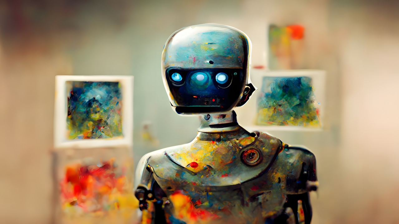 White anthropomorphic robot artist near wall with its paintings, close portrait - neural network generated art, picture ،uced with ai in 2022. Why artists can't be replaced by ai conclusion.