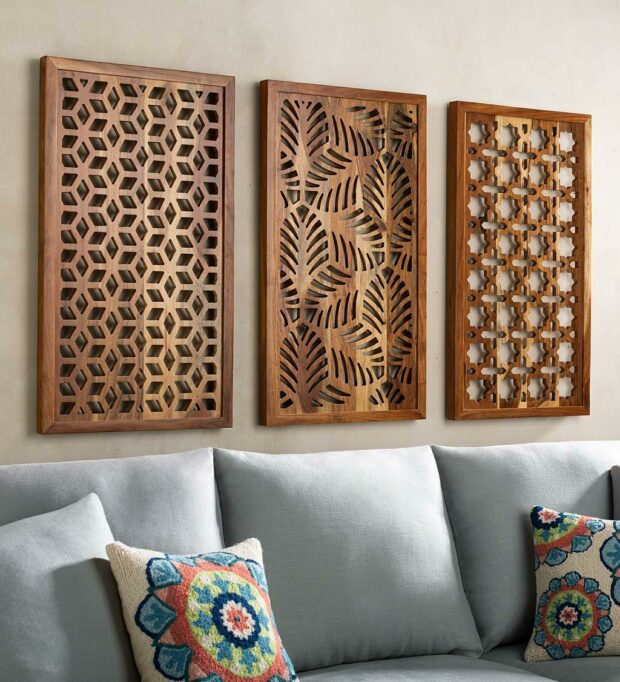 Wood wall hangings and a couch