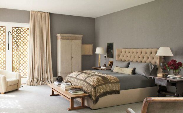 Bedroom with dark taupe walls