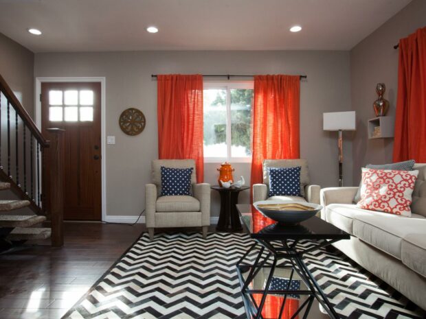 Living room with stripped pattern floor and mango tint windows