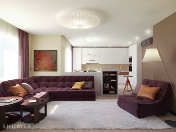 Living room, taupe with plum color.