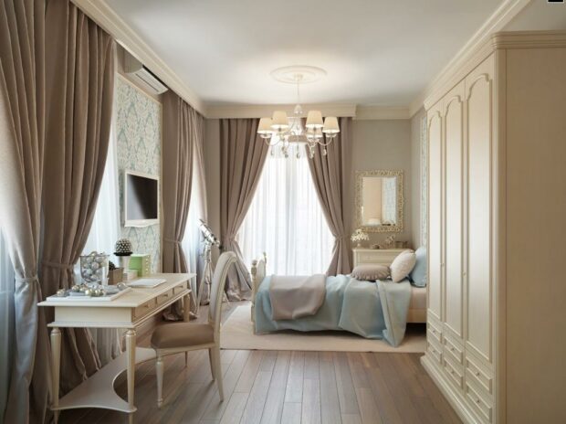 Bedroom with taupe curtains