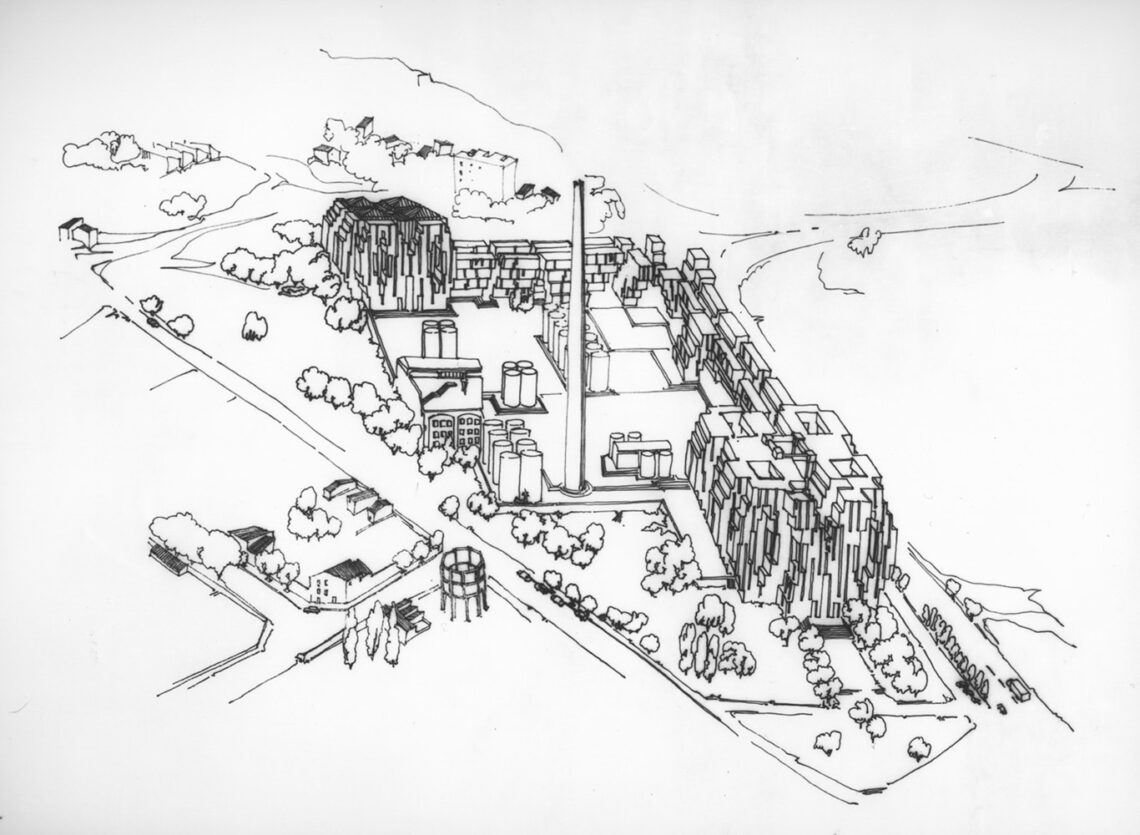 Futuristic social housing architecture walden by ricardo bofill concept sketch © axonometric