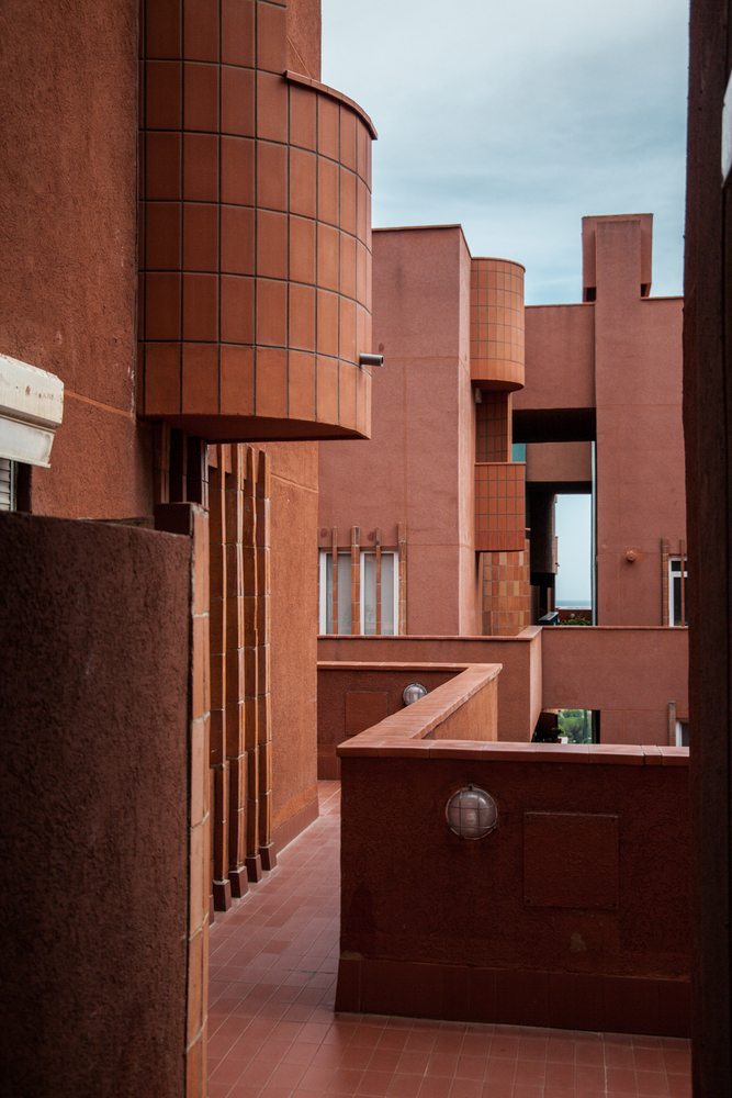 Futuristic social housing architecture walden by ricardo bofill view from inner courtyard to the city © denis esakov