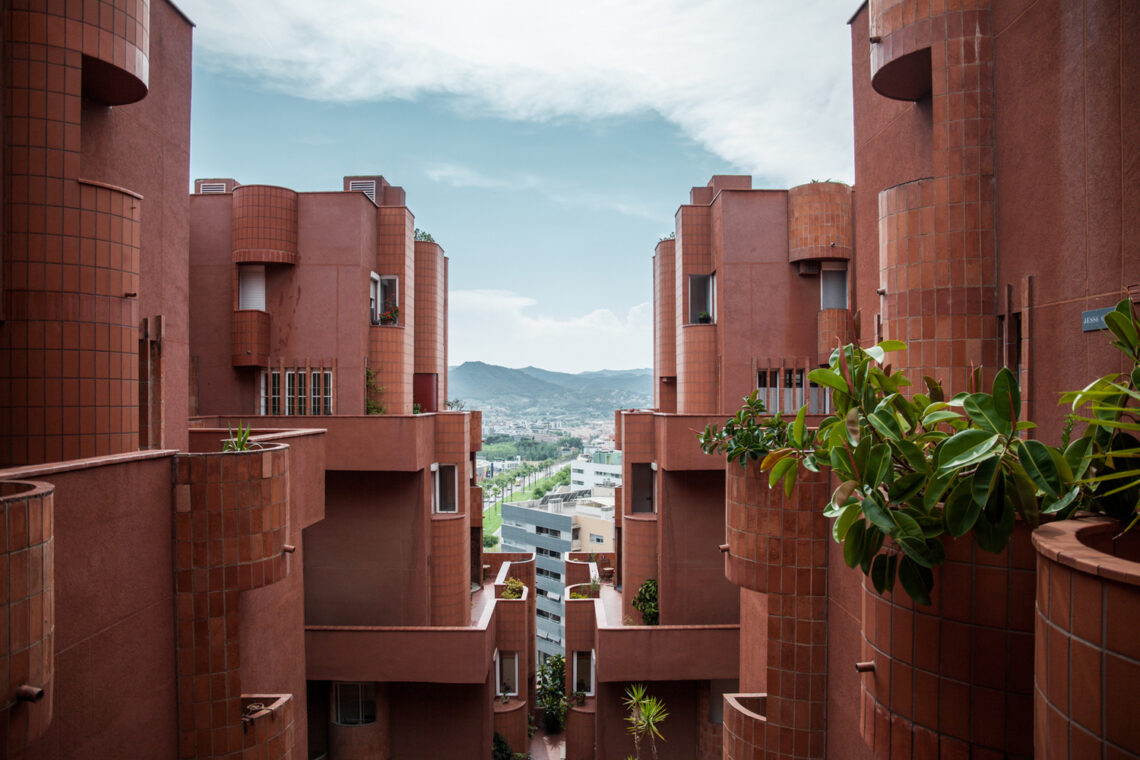 Futuristic social housing architecture walden by ricardo bofill view from inner courtyard to the city © denis esakov