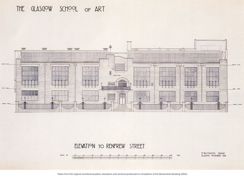 Charles Rennie Mackintosh: Biography, Works, Awards 37 Historic drawing of the elevation from the archives at the glasgow school of art - charles rennie mackintosh