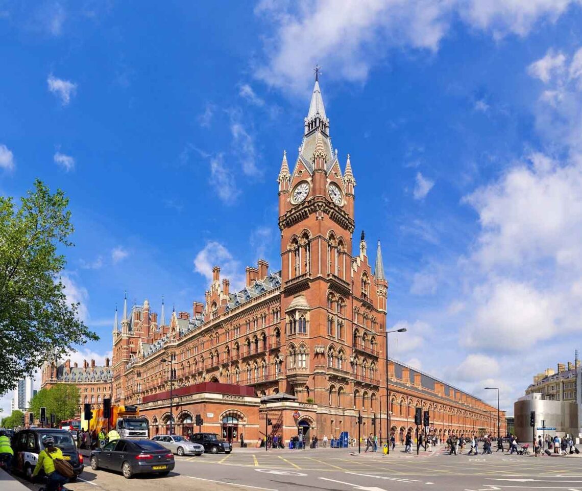 Late victorian architecture: st pancras railway station, london, united kingdom - topped by elaborate neo-gothic towers. - © colin