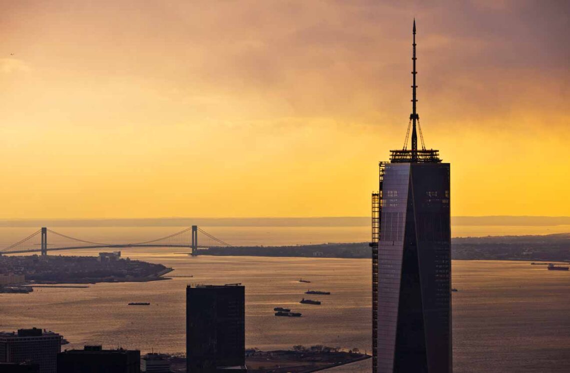 Aecom: one world trade center sunset view verrazano-narrows bridge in background © anthony quintano