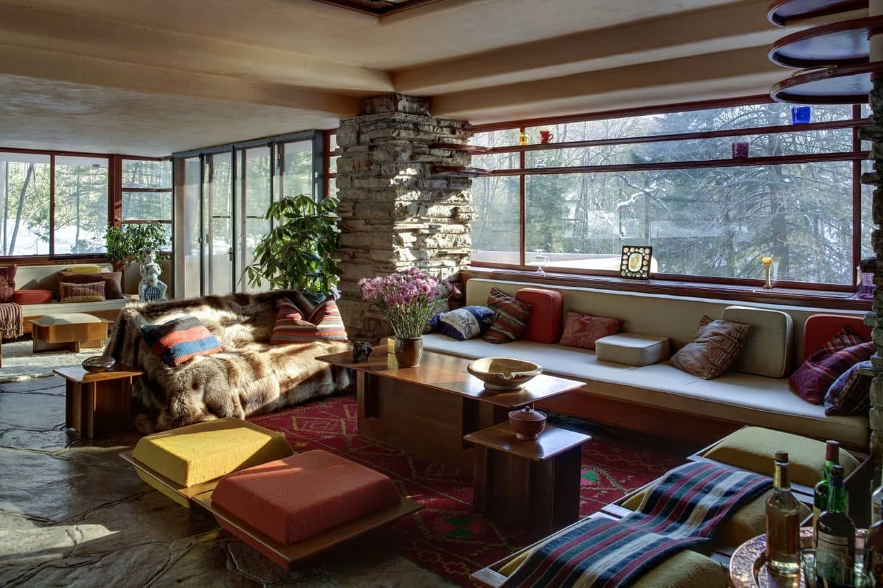 Architectural landmark: fallingwater interior living room © christopher little, courtesy of the western pennsylvania conservancy