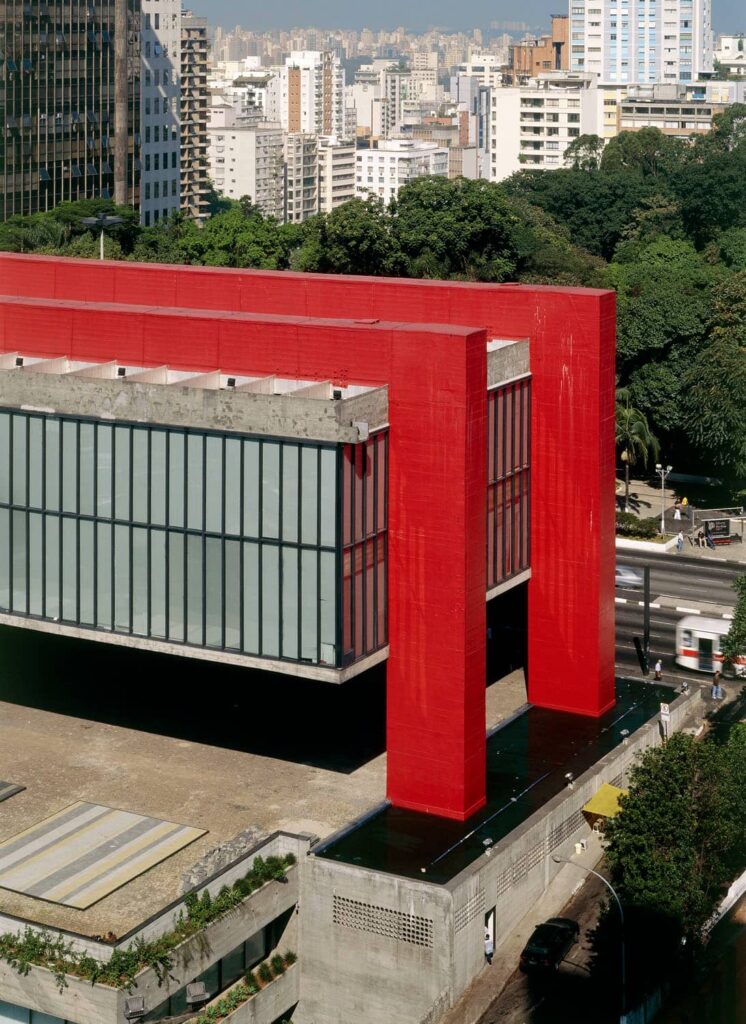 Architectural landmark: são paulo museum of art, two massive bright red beams as support © nelson kon