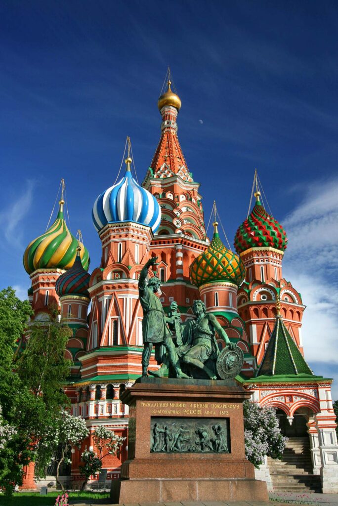 Architectural landmark: st. Basil’s cathedral, with statue of minin and pozharsky © julius silver