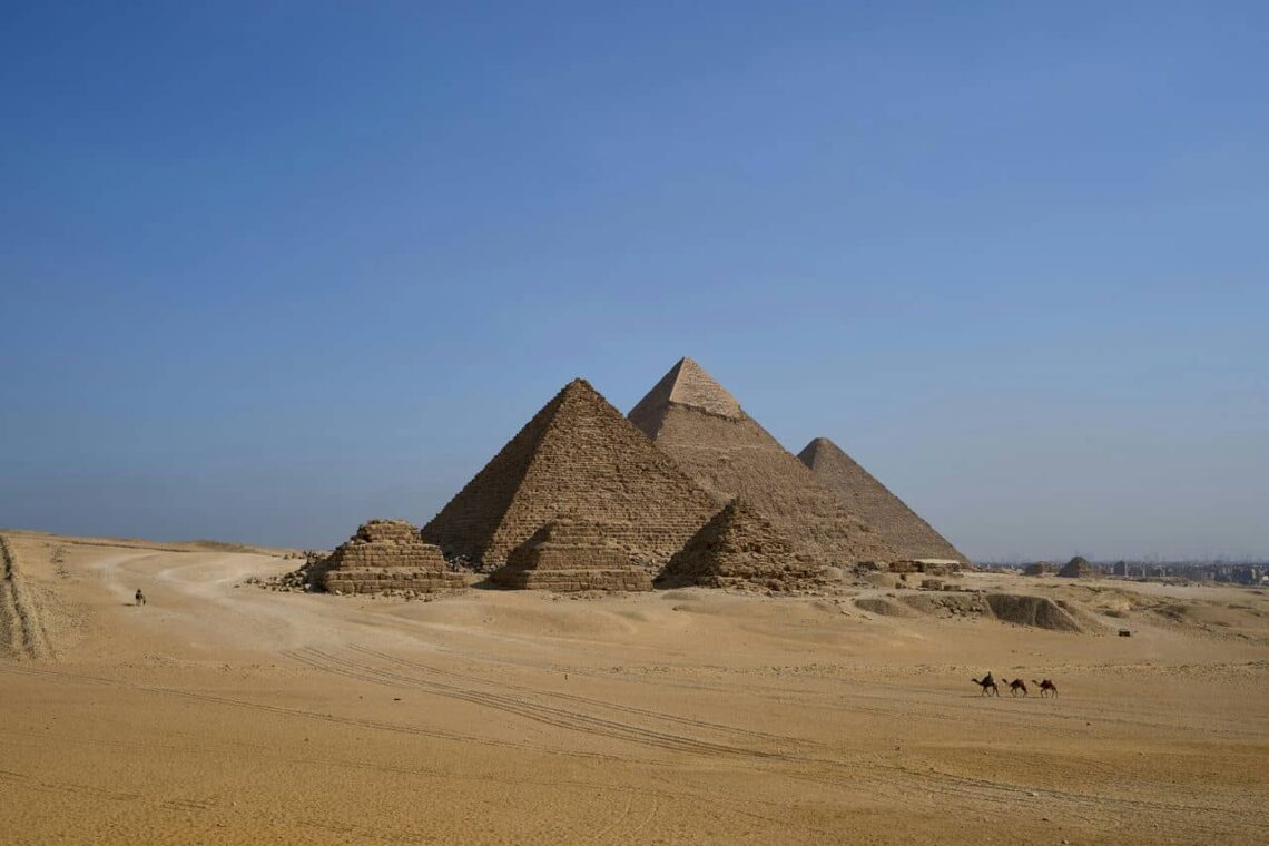 Architectural landmark: the great pyramid of giza, 3 pyramids: menkaure, khafre, khufu © dmitrii zhodzishskii
