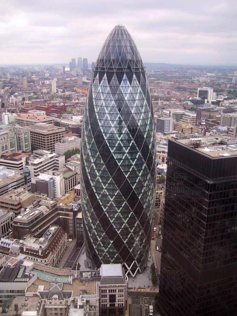 Foster+partners: the gherkin aerial view showing complete structure