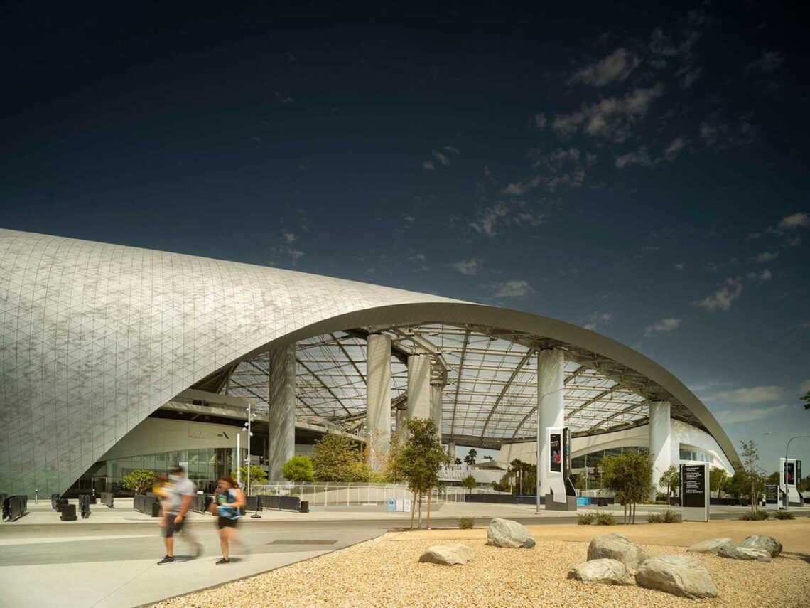 Hks: sofi stadium - home of la rams and chargers, inglewood, california, with transparent roof, 360-degree video board, opened 2020. © nic lehoux