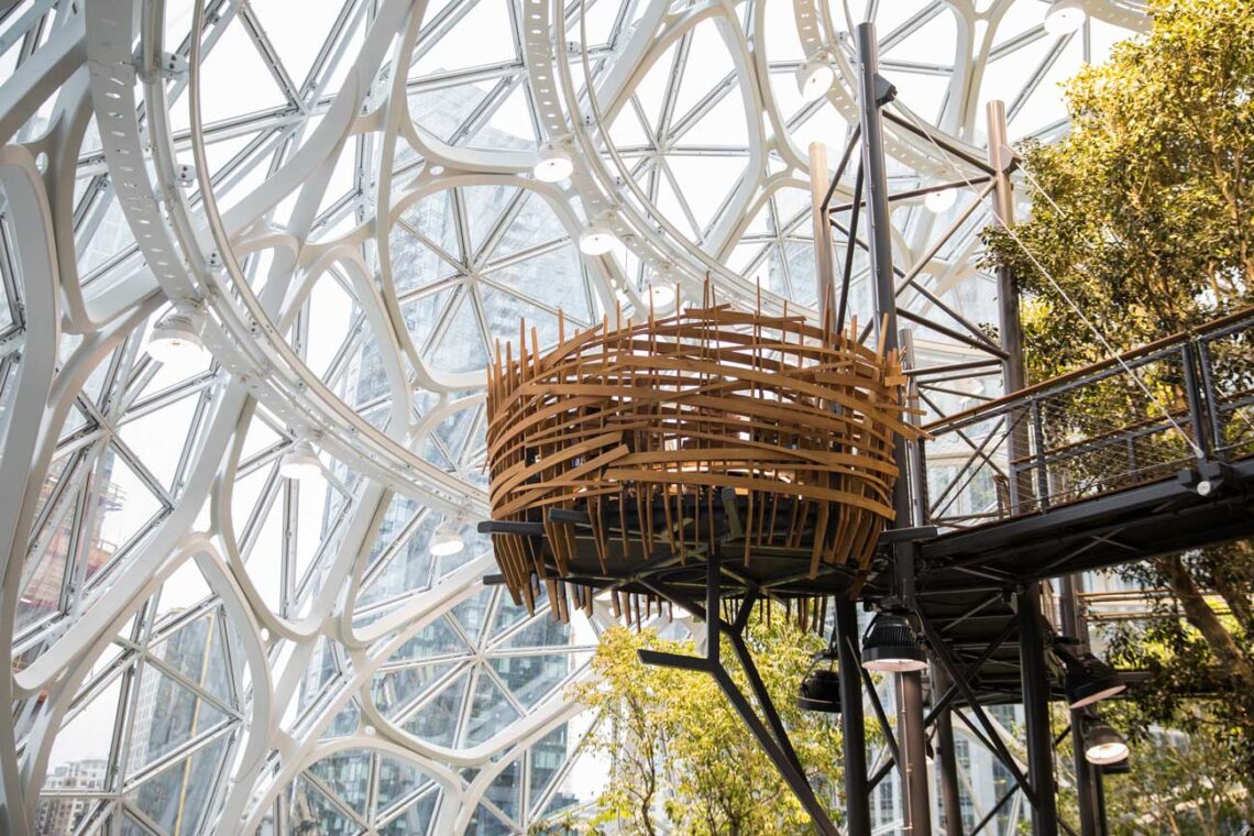Nbbj: amazon spheres outside view of birds nest semi-private seating