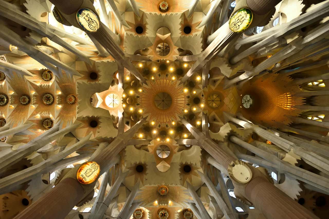 Sagrada familia symmetrical view of cathedral decorative ceiling © arindam das