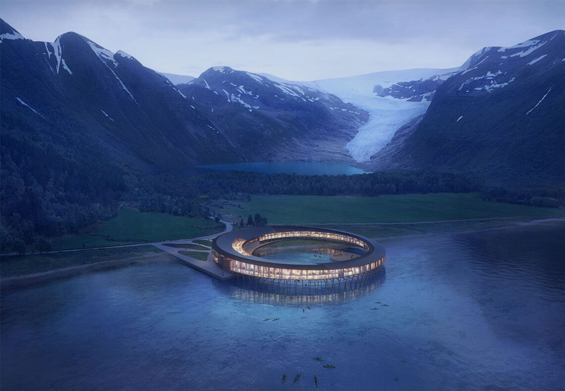Snøhetta: svart hotel, norway - circular, energy-positive glacier hotel, minimal environmental impact, opening in 2024. © svart