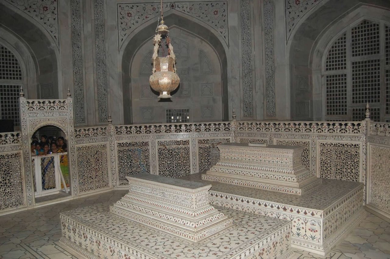 Taj mahal interior false sarcophagi of mumtaz mahal and shah jahan © travel web dir company
