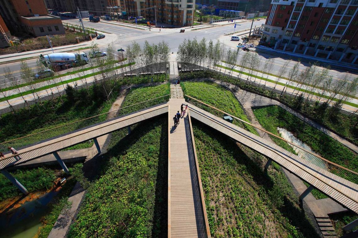 Turenscape: qunli stormwater park skywalk for a walkthrough forest experience © kongjian yu / turenscape