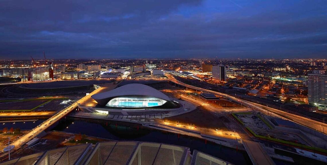 Zaha hadid architects: london aquatics centre aerial view at night © hufton + crow