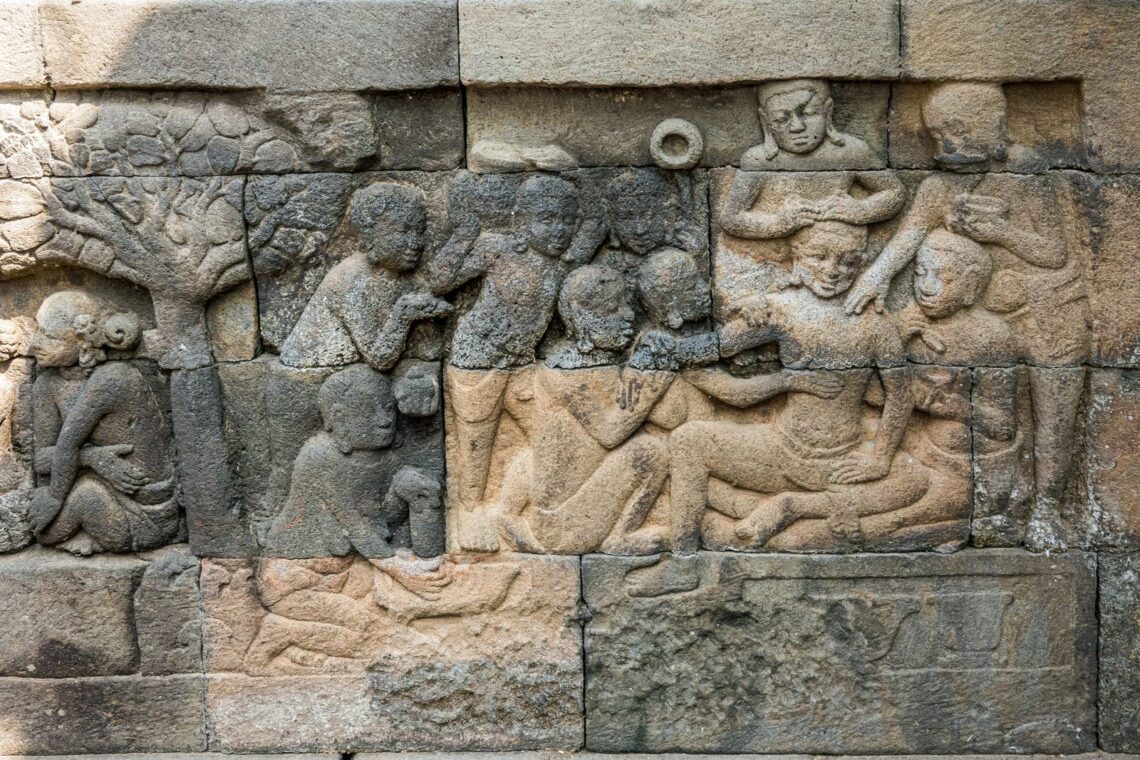 Architectural landmark: borobudur temple bas-relief stone carvings © russell scott
