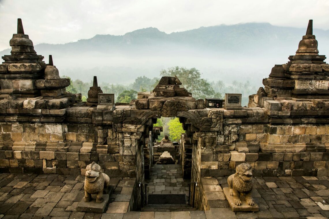 Architectural landmark: borobudur temple lion guardians © charl durand