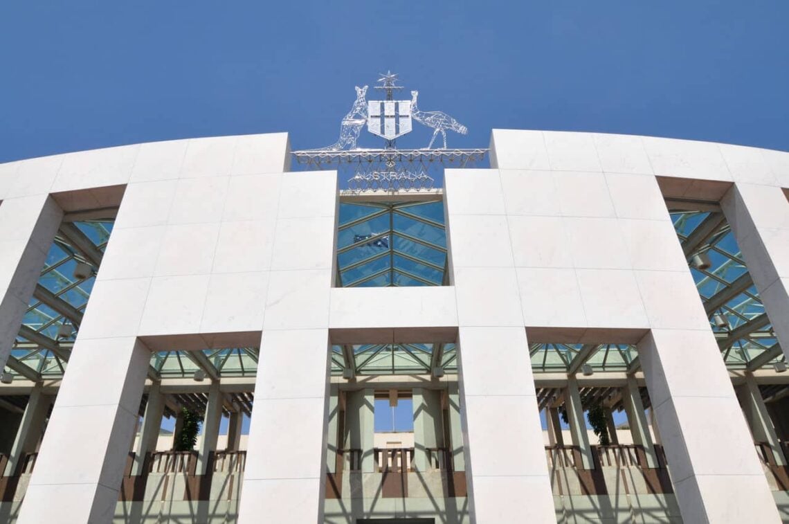 Architectural landmark: parliament house australian emu and kangaroo emblem © oscar gruno
