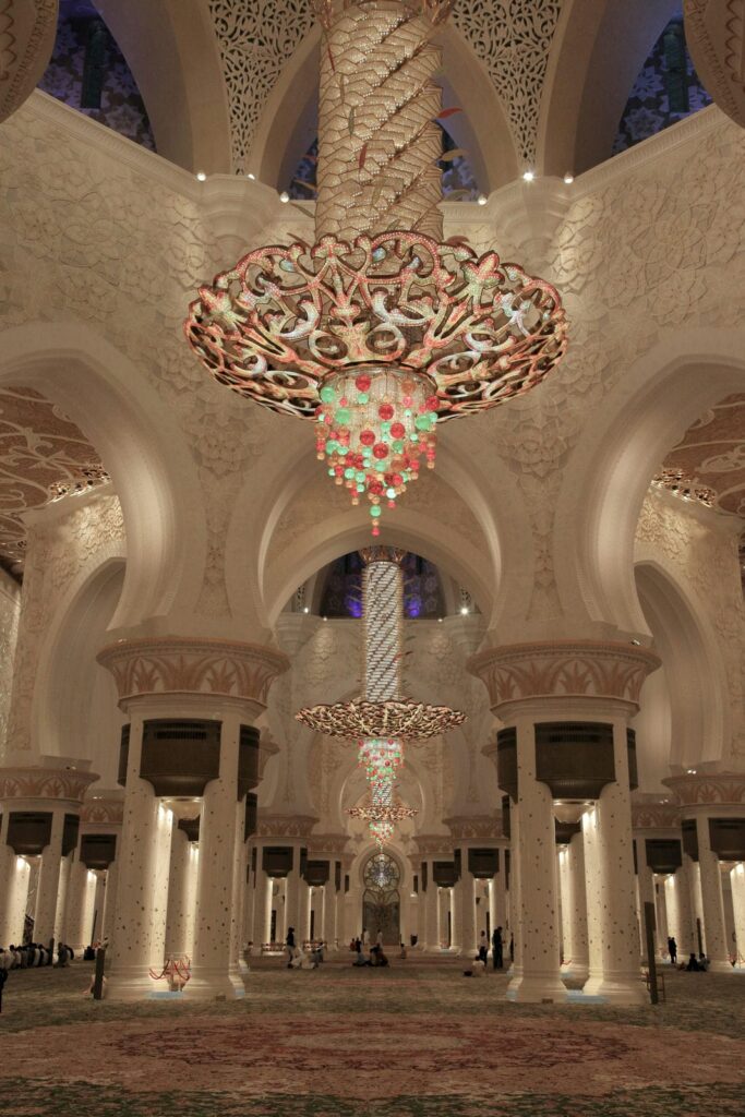 Architectural landmark: sheikh zayed grand mosque chandelier in prayer hall © firas mor