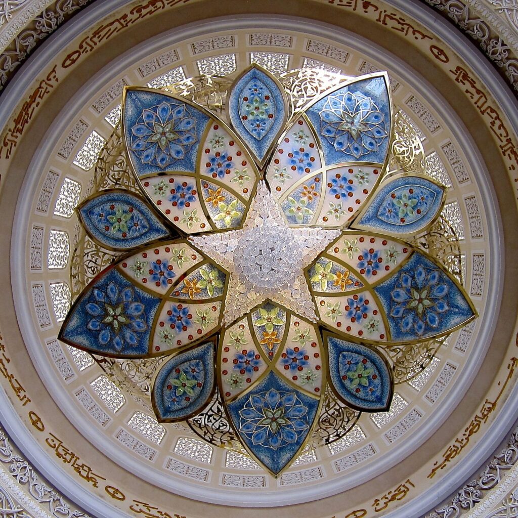 Architectural landmark: sheikh zayed grand mosque chandelier shot from below © erik dunham